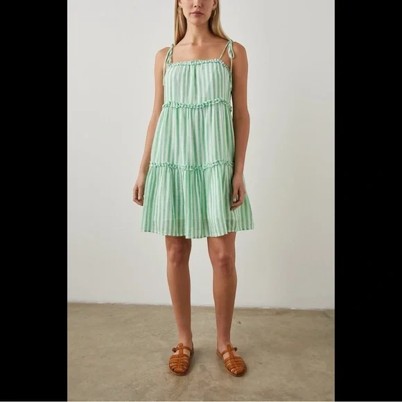 Rails Carolyn Tiered Babydoll Dress Cayman Green Stripe Beach Coastal Loose - Picture 2 of 15